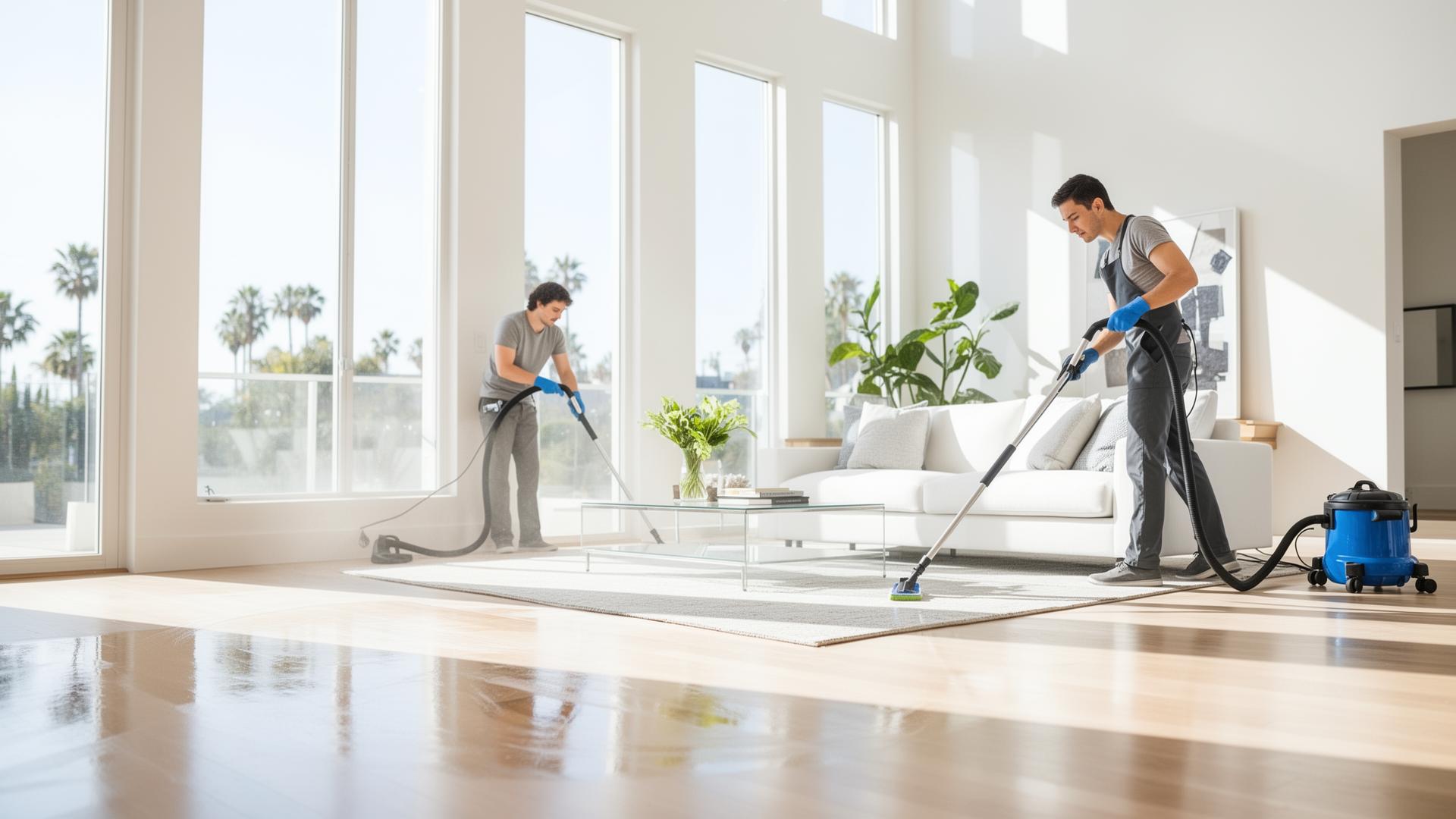 Cleaner working in a bright modern living room
