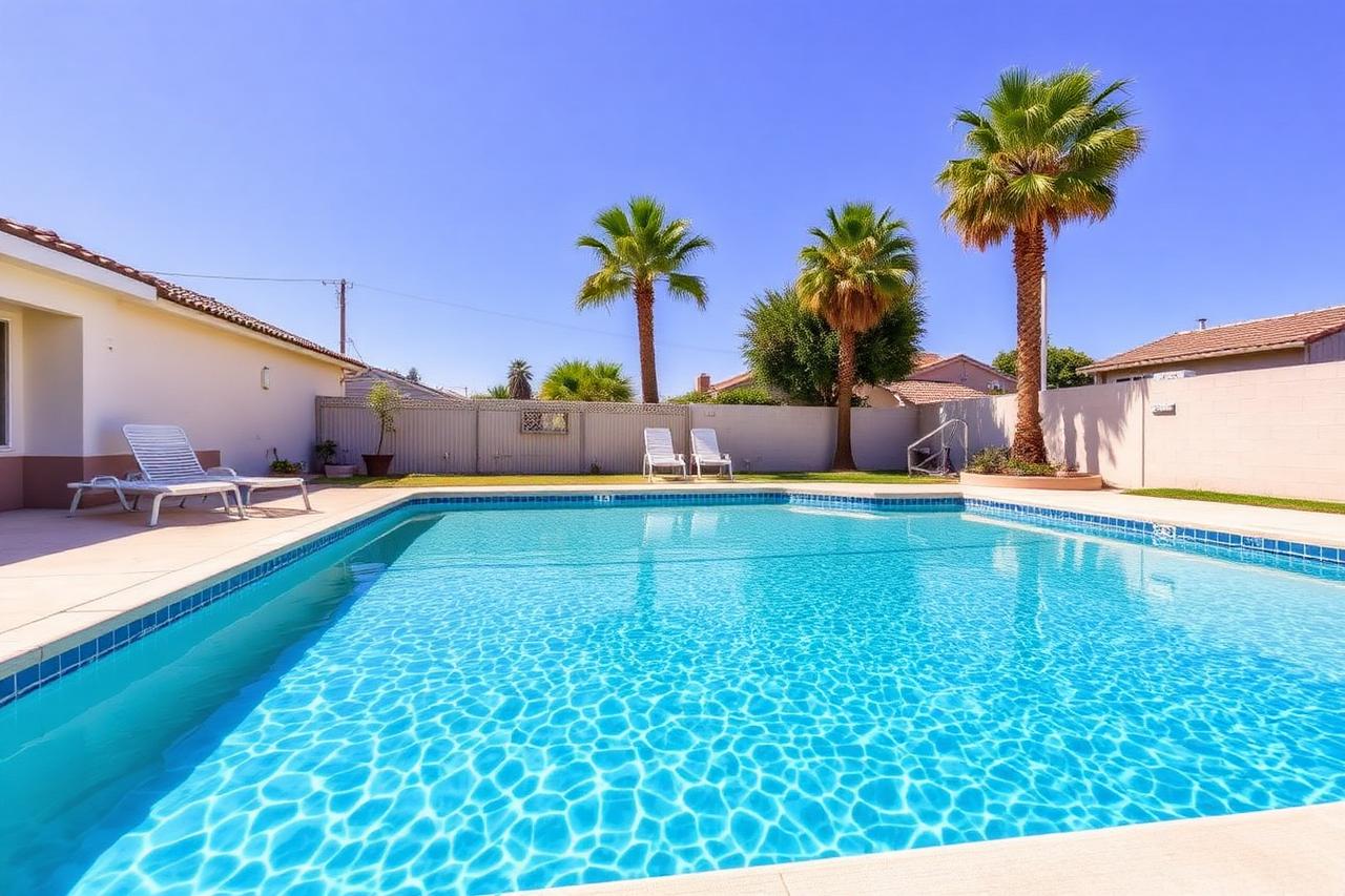 Clean swimming pool in a sunny Los Angeles backyard